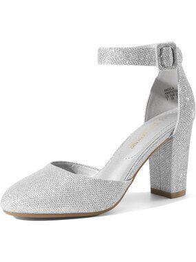 Women's Silver Glitter Leather High Heel Closed Toe Shoes Chunky Wedding Pump